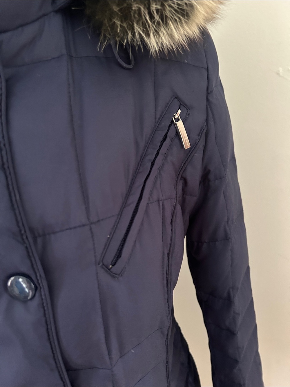 Laundry By Shelli Segal Navy Quilted Hooded Lond Down Puffer with Fur Trim Sz S - Picture 3 of 10